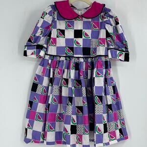 Vintage 90s Girls Checkered Watermelon Peter Pan Collar Dress Purple Black 5/6